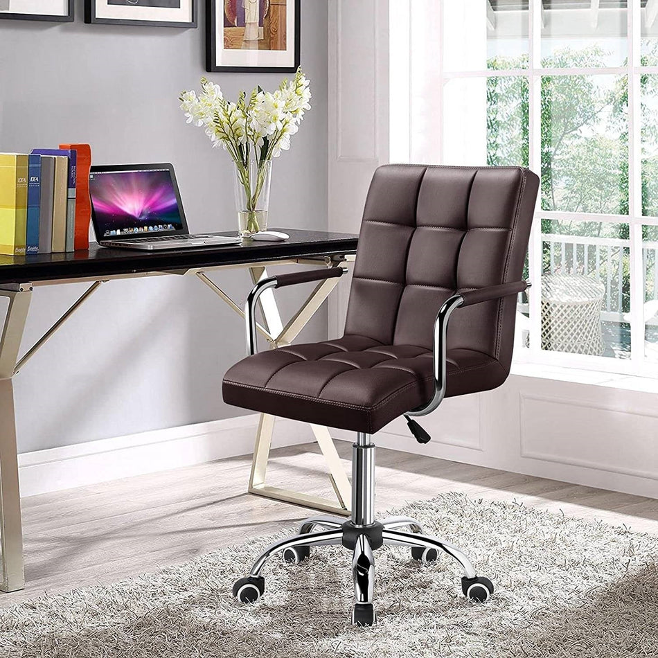 Dark Brown Modern Faux Leather Mid-Back Office Chair with Armrests and Wheels
