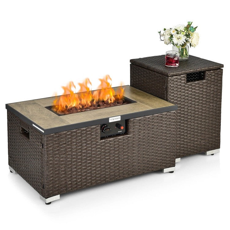 Outdoor Propane Fire Pit with Side Table Tank Holder in Brown PE Rattan