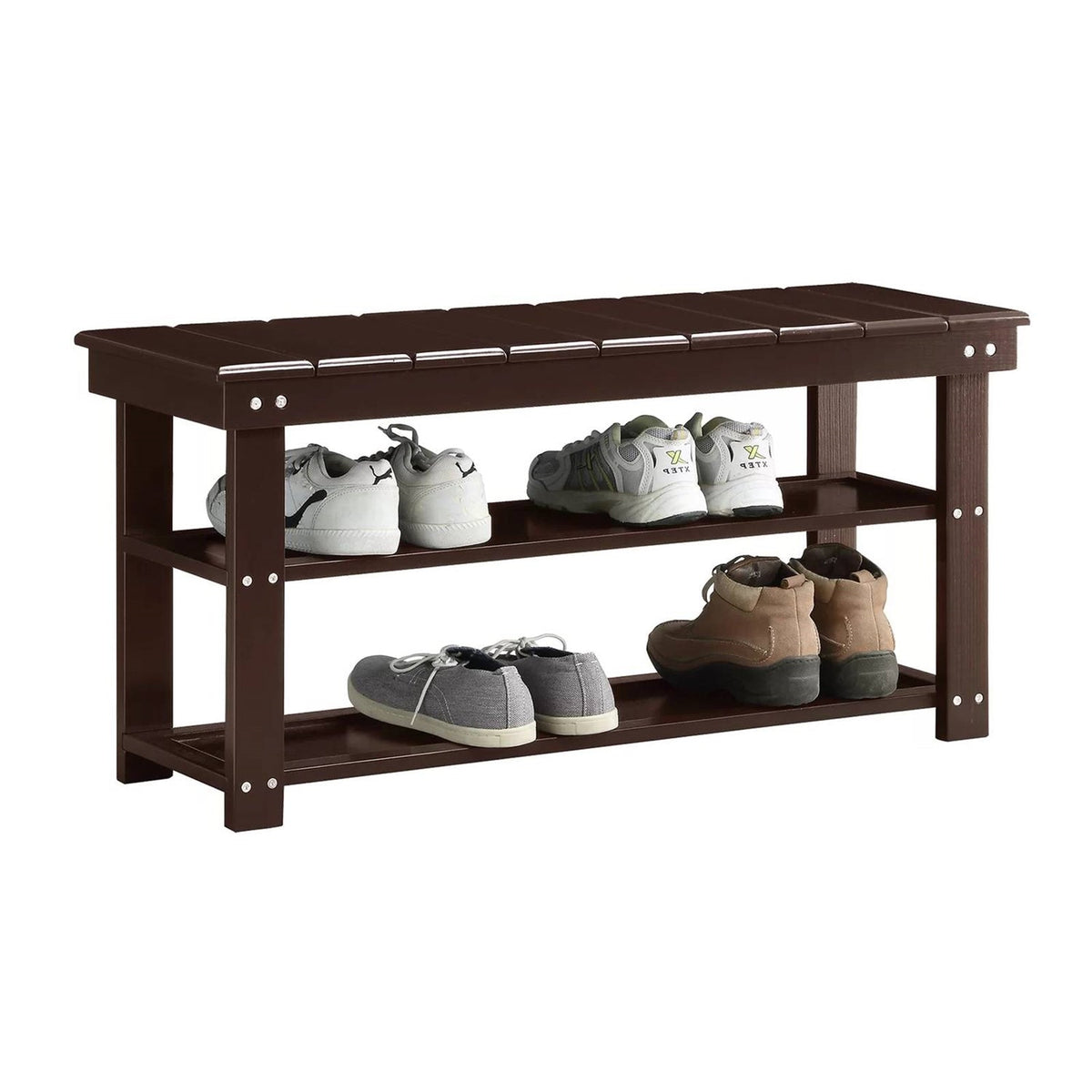 Espresso Brown Wood 2-Shelf Shoe Rack Storage Bench For Entryway or Closet