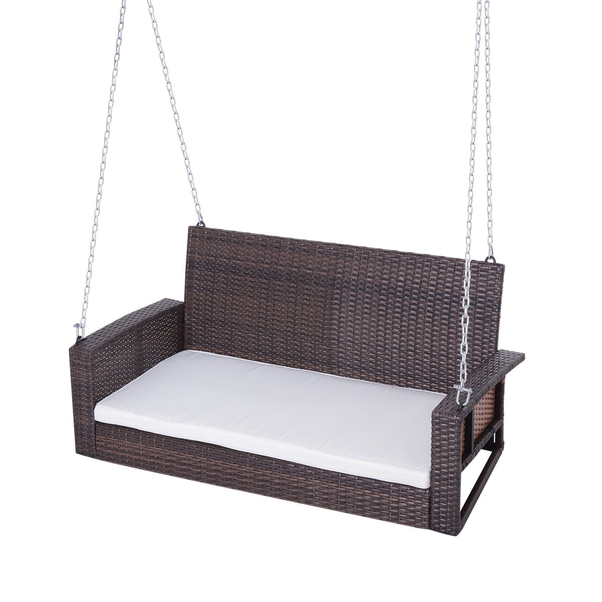 Espresso Wicker Porch Swing 7ft Hanging Chain with Cream Padded Cushion