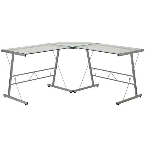 Modern Silver Metal L-Shaped Desk with Glass Top and Floor Glides