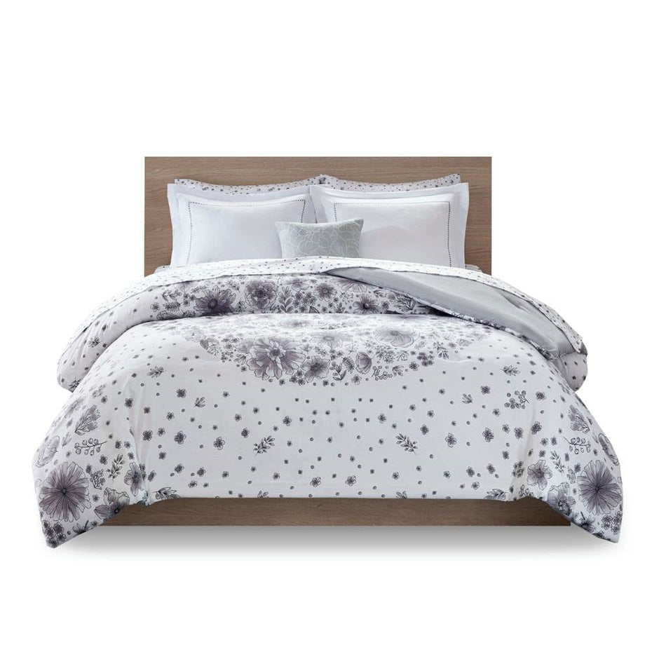 Full size 8-piece White Grey Floral Pattern Microfiber Comforter Set