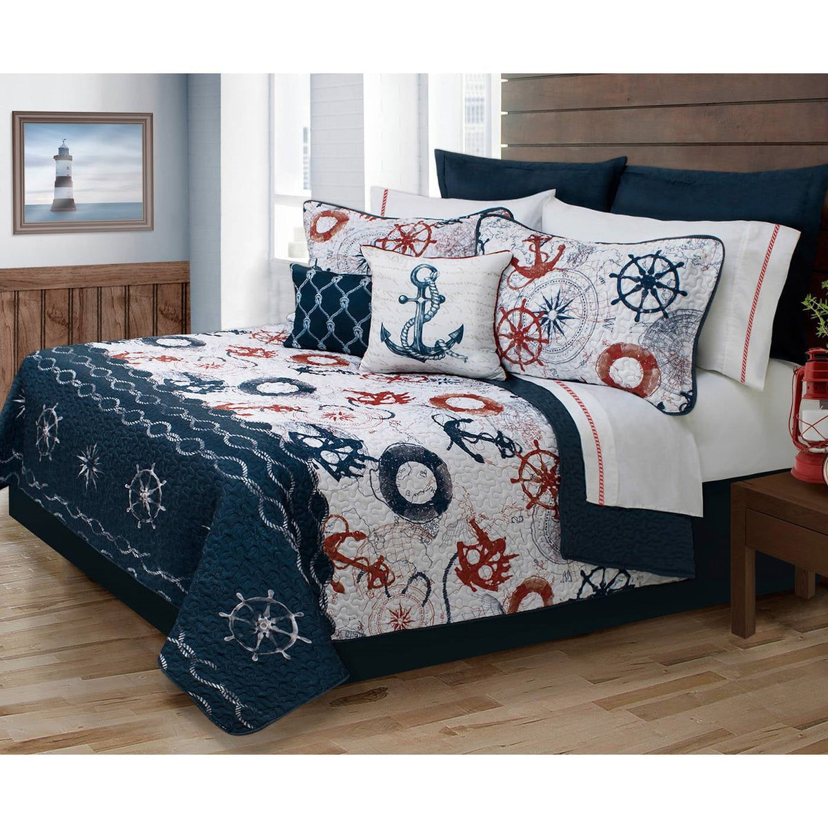 Full/Queen Modern Coastal Anchor Polyester Reversible Quilt Set