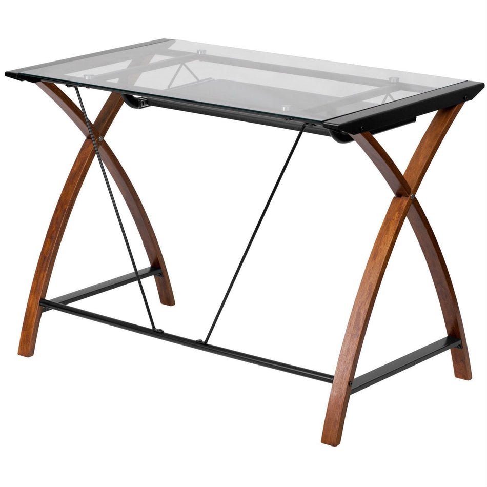 Modern Cherry Finish Glass Top Writing Table Computer Desk with Keyboard Tray