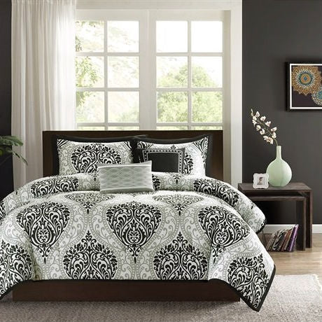 Full / Queen 5-Piece Black White Damask Print Comforter Set
