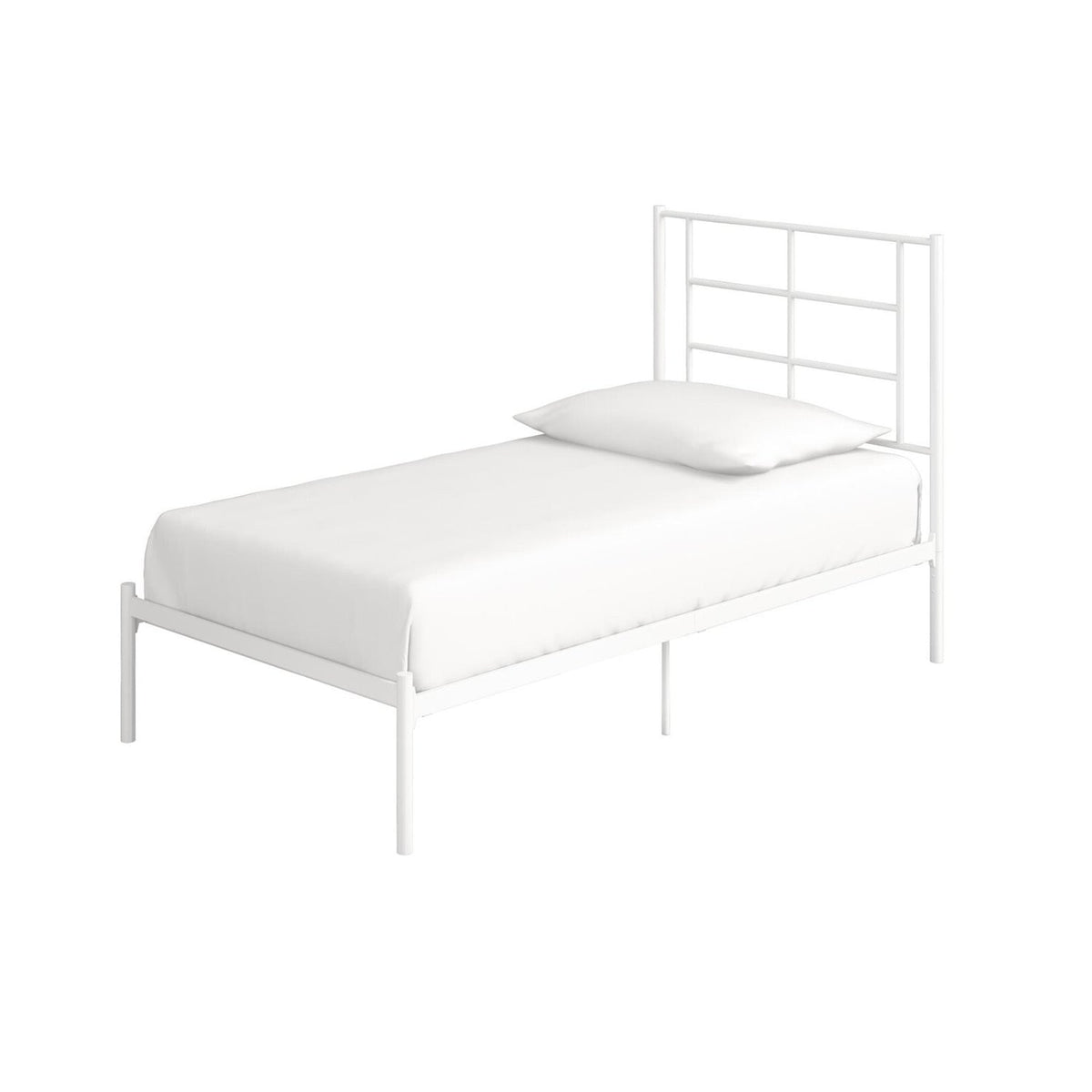 Twin Size Modern White Metal Platform Bed with Geometric Headboard