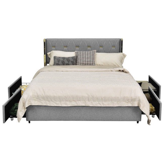 Full Size Grey/Gold Linen Headboard 4 Drawer Storage Platform Bed