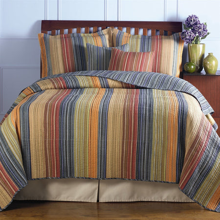 Full / Queen 100% Cotton Quilt Set with Red Orange Blue Brown Stripes