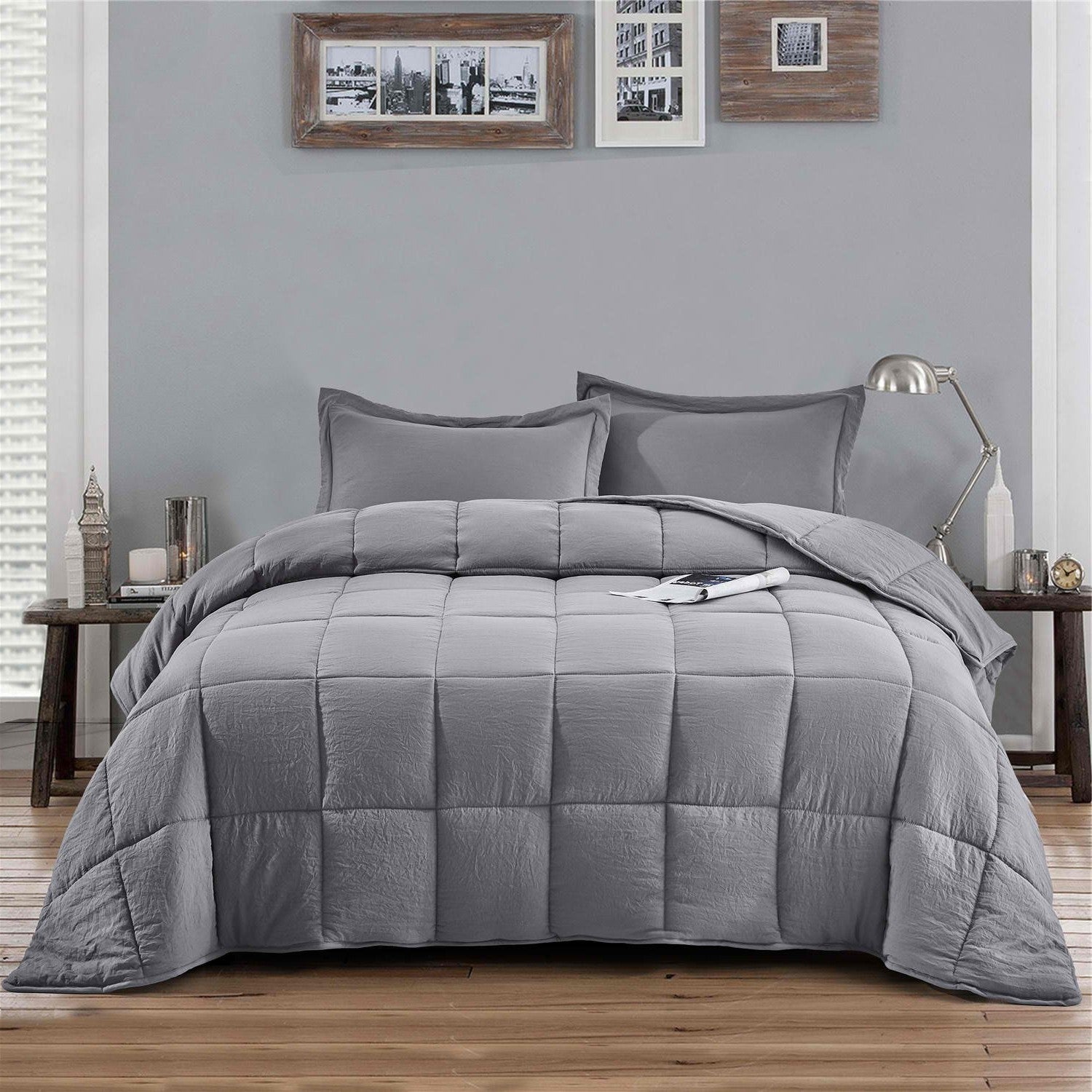Queen Size Grey 3 Piece Microfiber Reversible Comforter Set