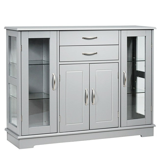 Grey Wood Buffet Sideboard Cabinet with Glass Display Doors