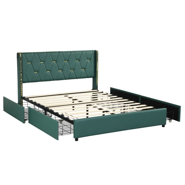 Queen Size Green/Gold Linen Headboard 4 Drawer Storage Platform Bed