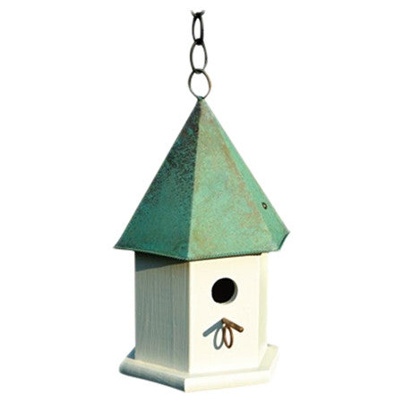 White Wood Bird House with Verdi Green Copper Roof - Made in USA