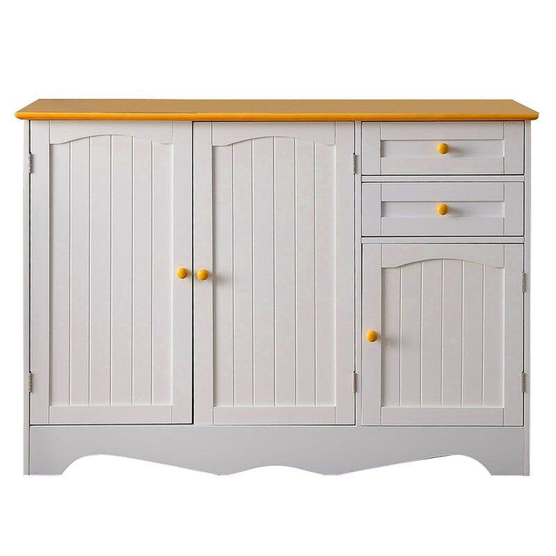 White Sideboard Buffet Cabinet with Light Wood Finish Top and Knobs