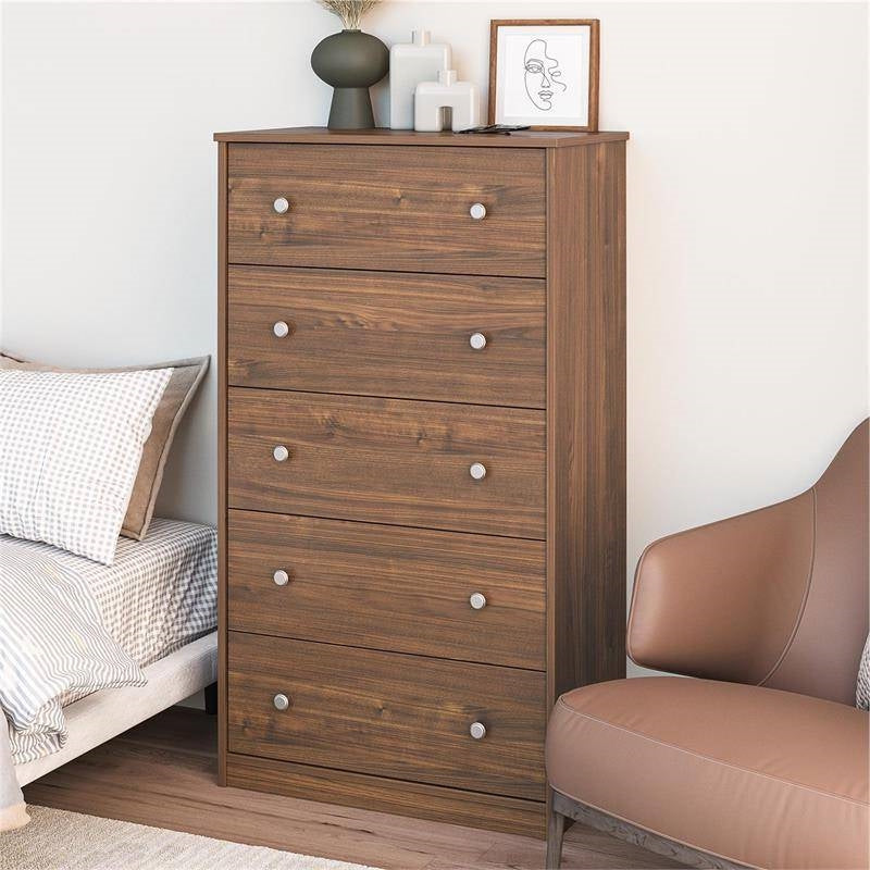 Modern 5-Drawer Bedroom Chest of Drawers in Rustic Walnut Wood Finish