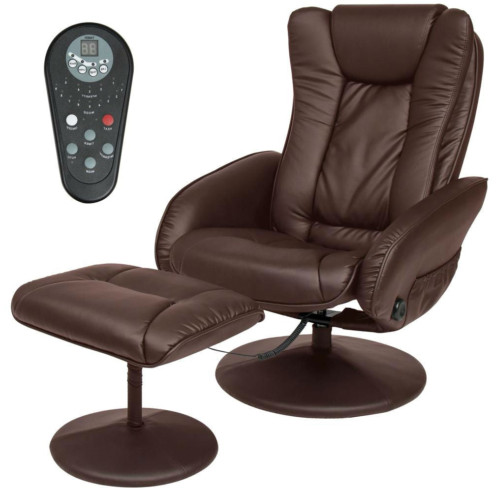 Sturdy Brown Faux Leather Electric Massage Recliner Chair w/ Ottoman