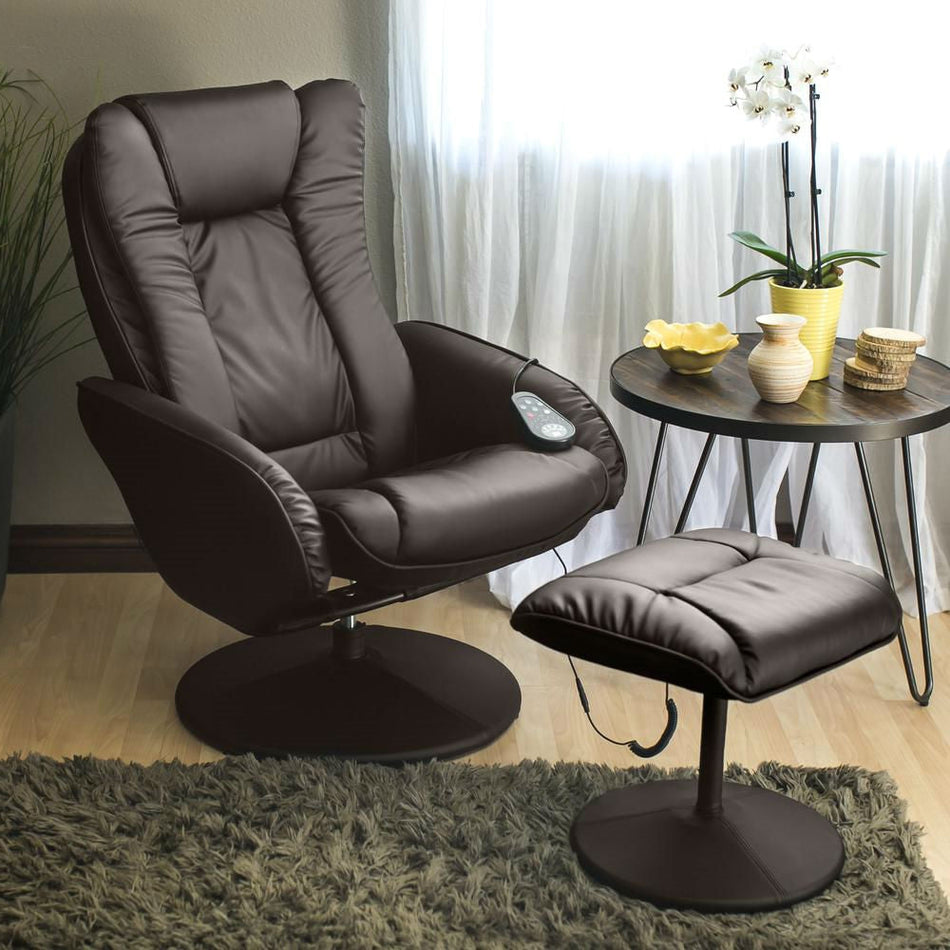 Sturdy Brown Faux Leather Electric Massage Recliner Chair w/ Ottoman
