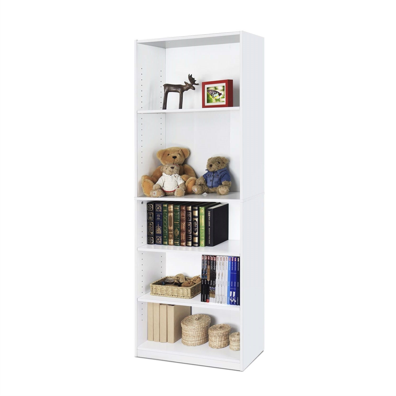 Modern 5-Shelf Bookcase in White Wood Finish
