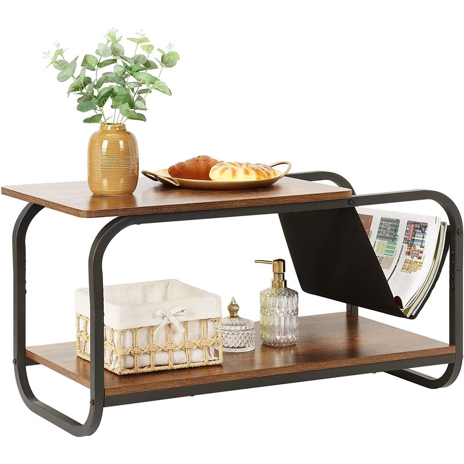 Modern 2-Tier Coffee Table with Magazine Book Holder Sling in Brown Wood Finish