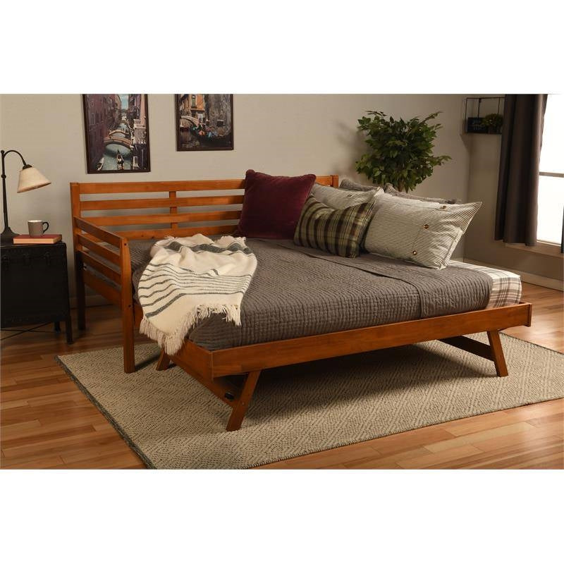 Solid Wood Day Bed Frame with Pull-out Pop Up Trundle Bed in Medium Brown