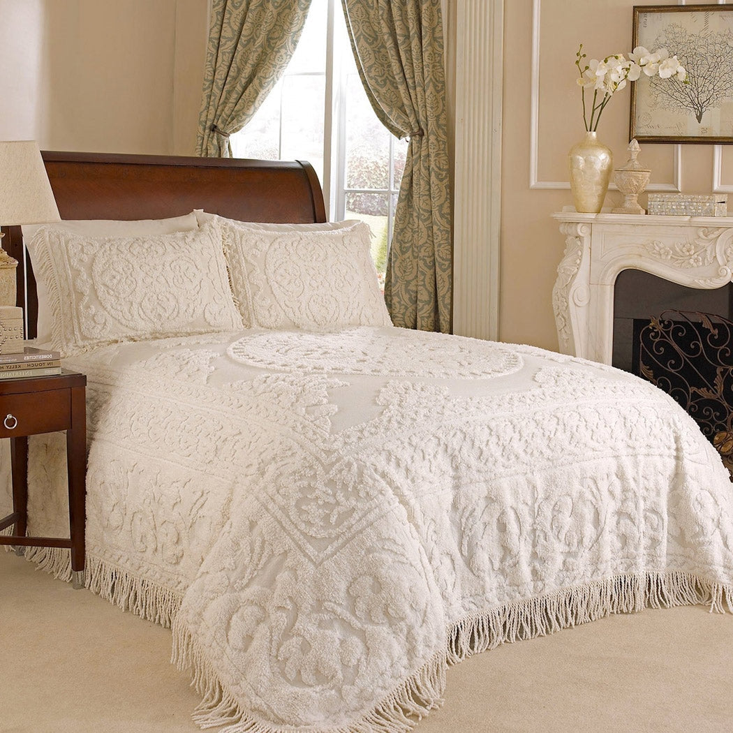 King size 100% Cotton Chenille Bedspread in White Ivory Light Beige Ecru with Fringe Sides