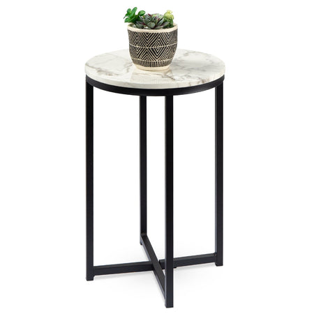 Round Cross Leg Design Coffee Side Table Nightstand with Faux Marble Top White/Matte Black
