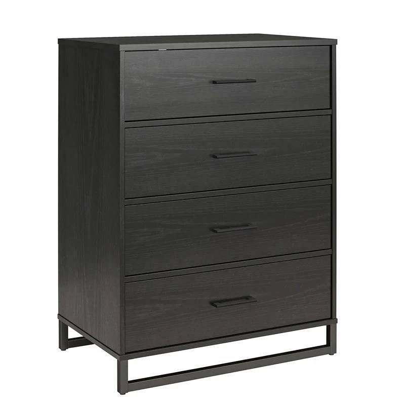 Modern 4-Drawer Bedroom Chest Dresser in Rustic Black Wood Finish