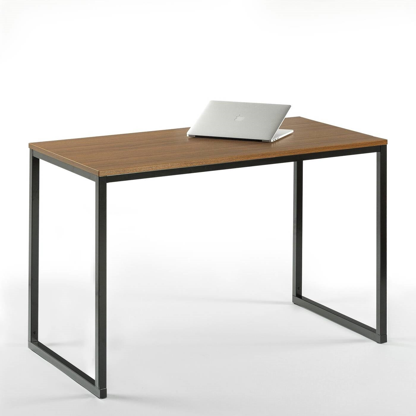 Modern Home Office Desk with Black Metal Frame and Brown Wood Top
