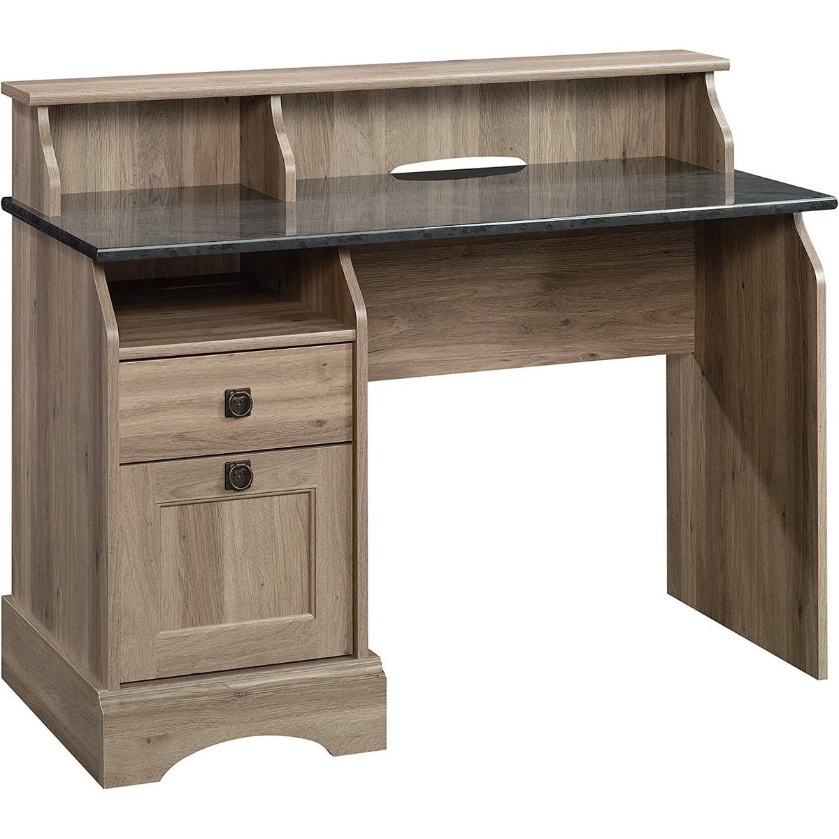 Rustic Oak Slat Top Computer Desk w/ Filing Cabinet