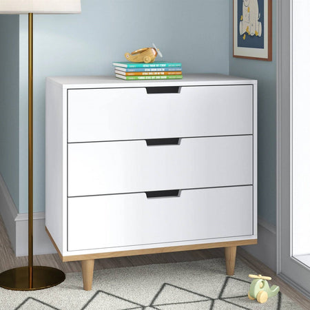 Modern Mid-Century Style 3-Drawer Dresser Chest in White Natural Wood Finish