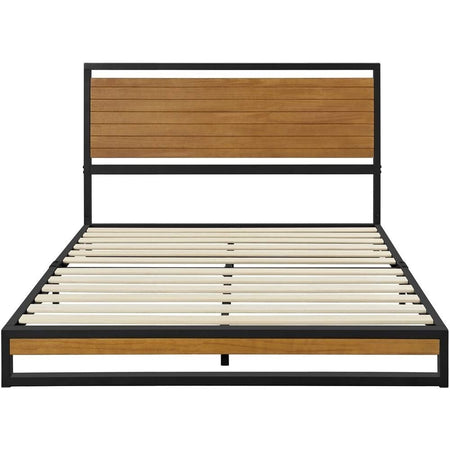 Full size Modern Metal Platform Bed Frame with Solid Brown Wood Slatted Headboard