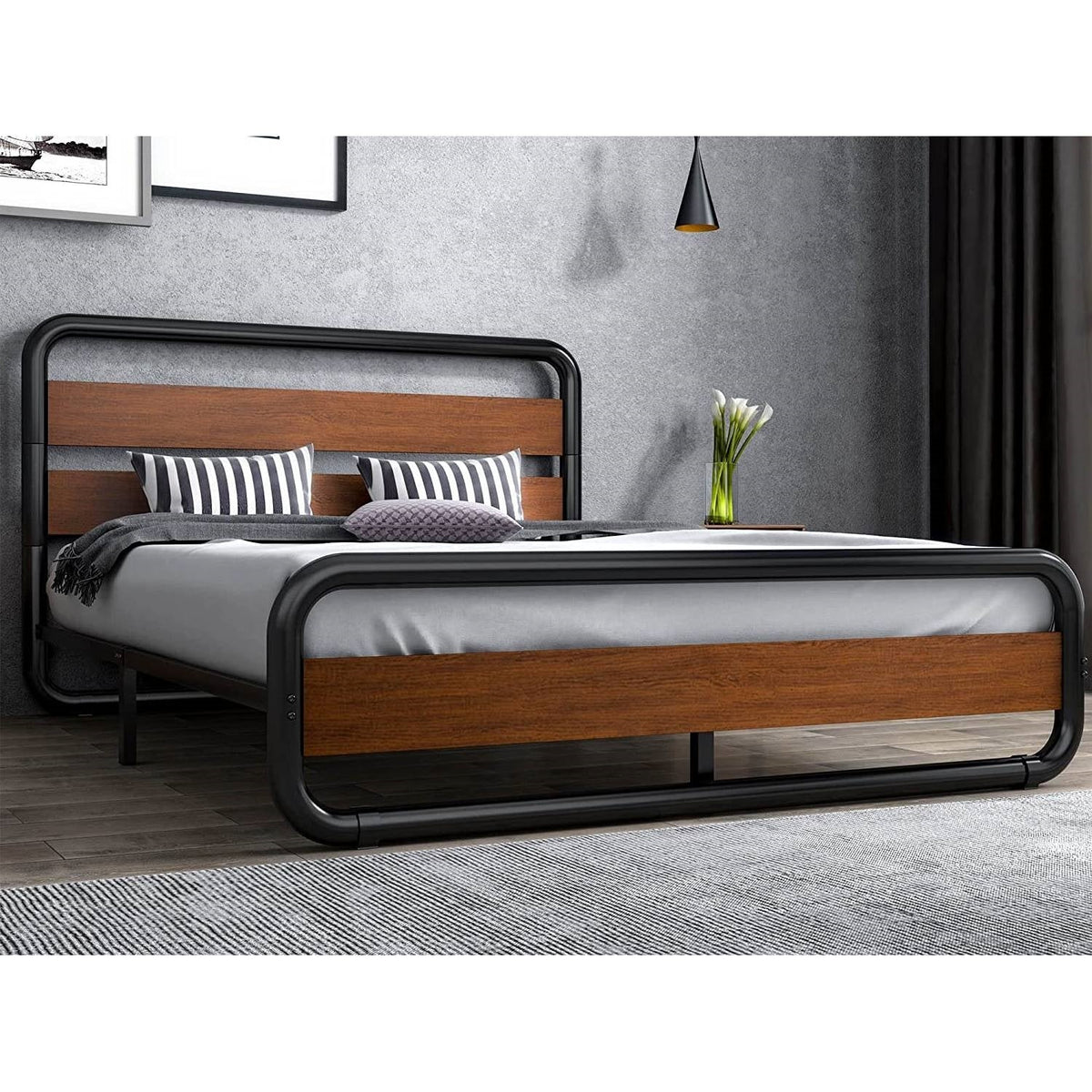 Queen Heavy Duty Modern Industrial Metal Wood Platform Bed Frame with Headboard