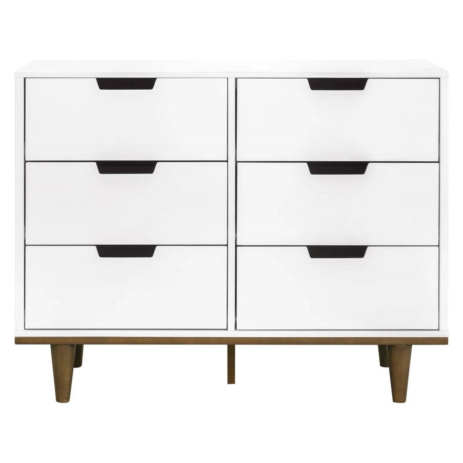 Modern Mid-Century Style 6-Drawer Double Dresser in White Walnut Wood Finish
