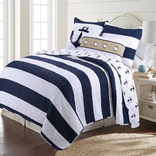 3 Piece Nautical Stripped/Anchors Reversible Microfiber Quilt Set Navy, Full/Queen