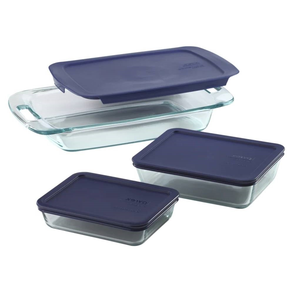 6-Piece Glass Bakeware Food Storage Set 3 Baking Dishes with Blue Plastic Lids
