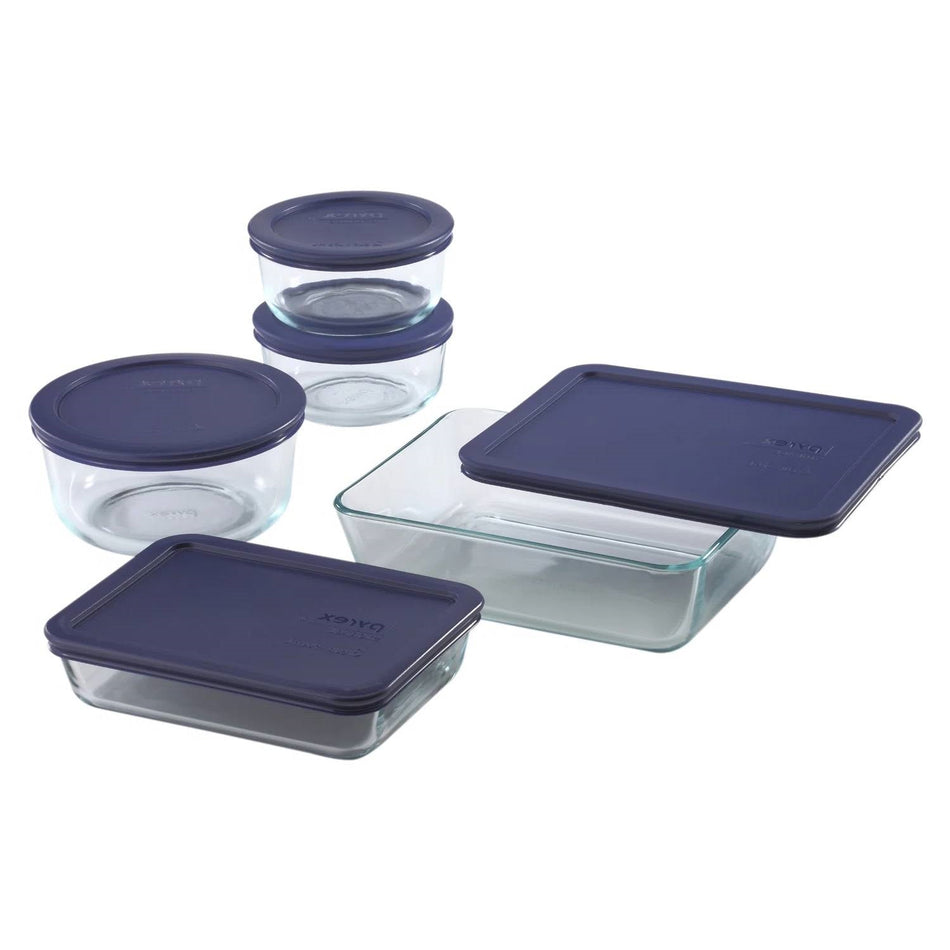 10-Piece Glass Bakeware Food Storage Set with Blue Plastic Lids Dishwasher Safe