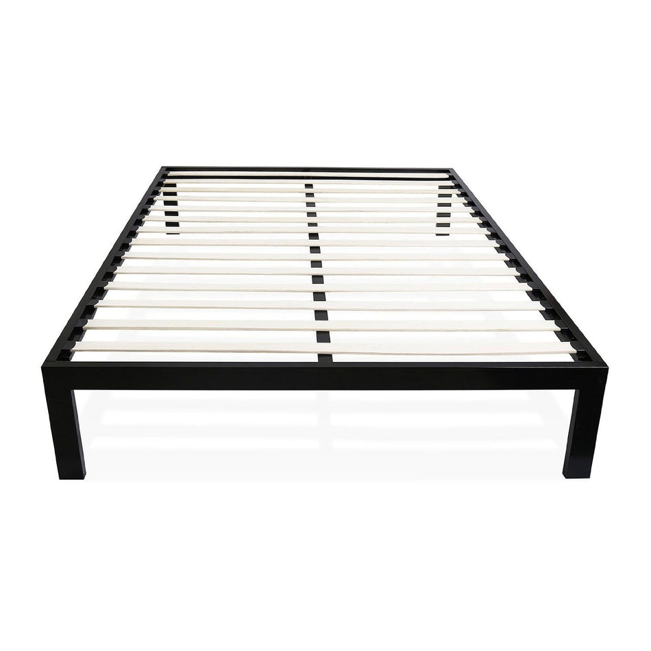 Queen size Modern Black Metal Platform Bed Frame with Wood Slats