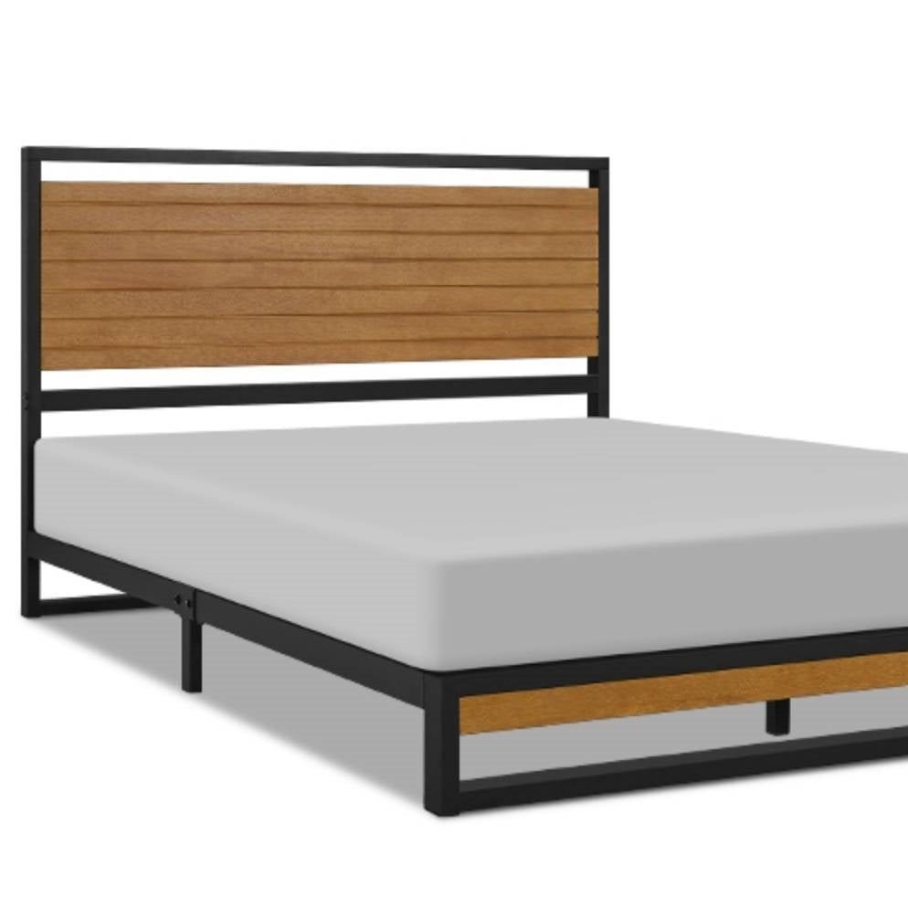 Queen size Modern Metal Platform Bed Frame with Solid Brown Wood Slatted Headboard