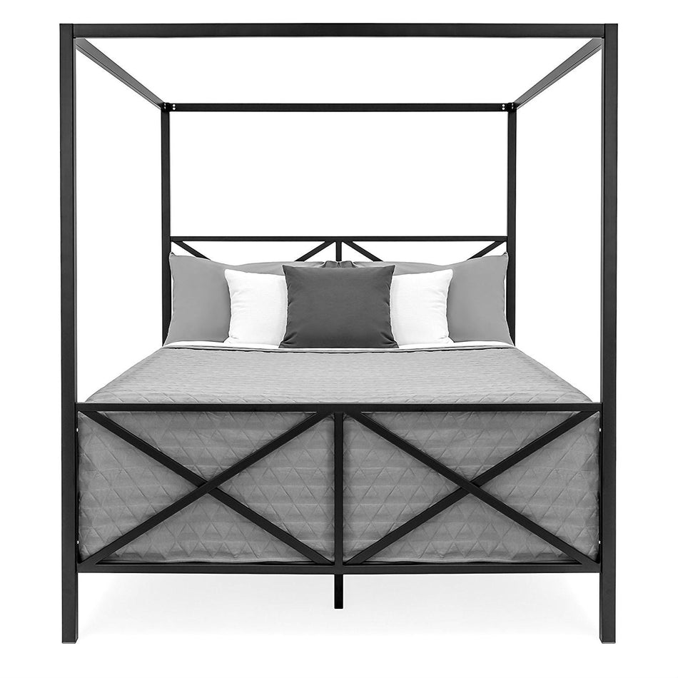 Queen size 4-Post Canopy Bed Frame in Black Metal Finish