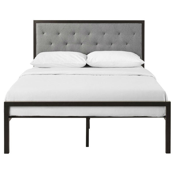 Queen size Contemporary Metal Platform Bed with Grey Upholstered Headboard