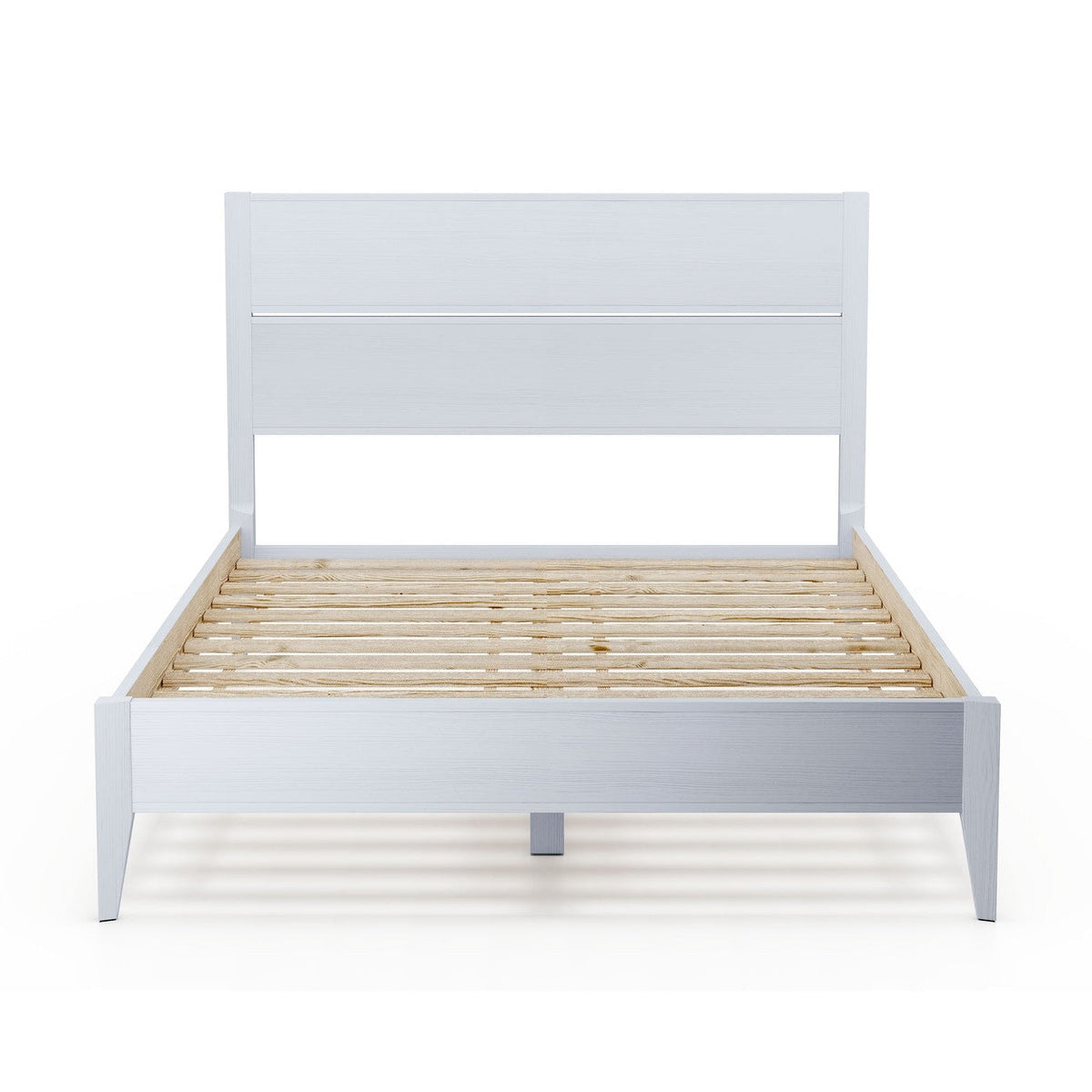 Queen Size Rustic White Mid Century Slatted Platform Bed
