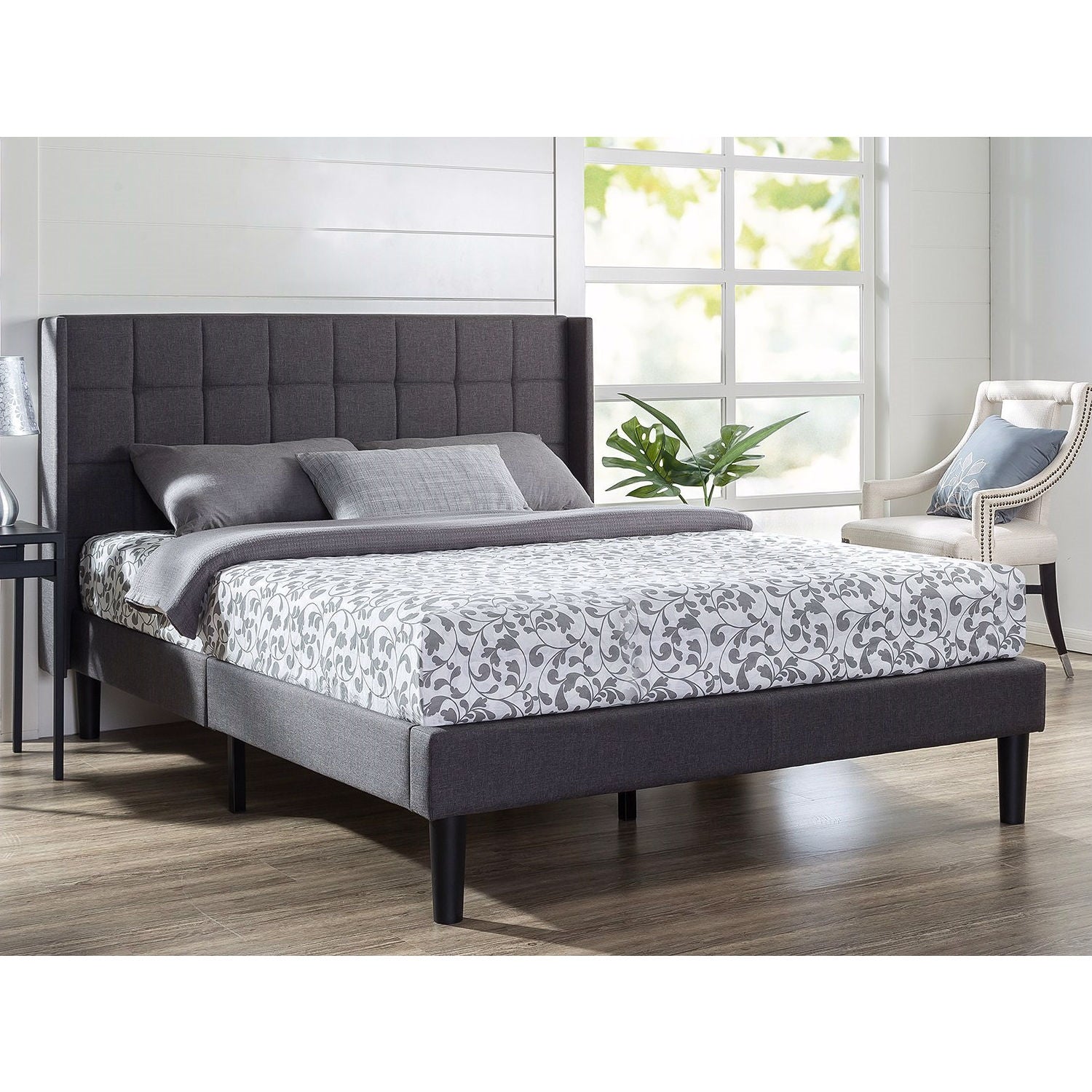 Queen size Grey Wingback Upholstered Platform Bed