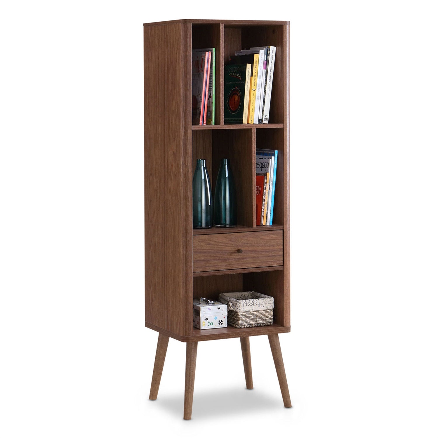Mid-Century Modern Bookcase Display Shelf in Walnut Wood Finish