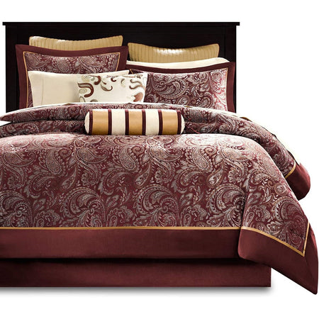 King 12 Piece Cotton Polyester Comforter Set Red Gold Paisley