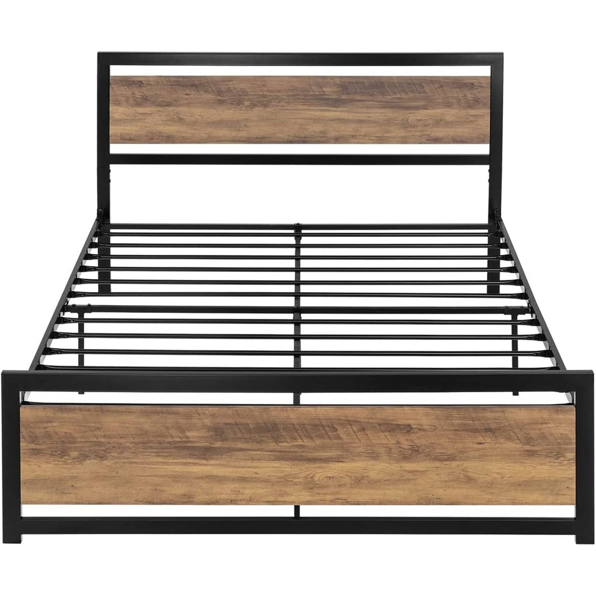 Full Metal Platform Bed Frame with Brown Wood Panel Headboard and Footboard