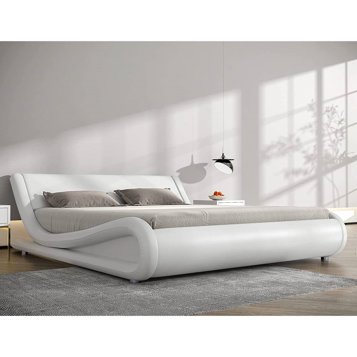 Full Modern White Faux Leather Upholstered Platform Bed Frame with Headboard