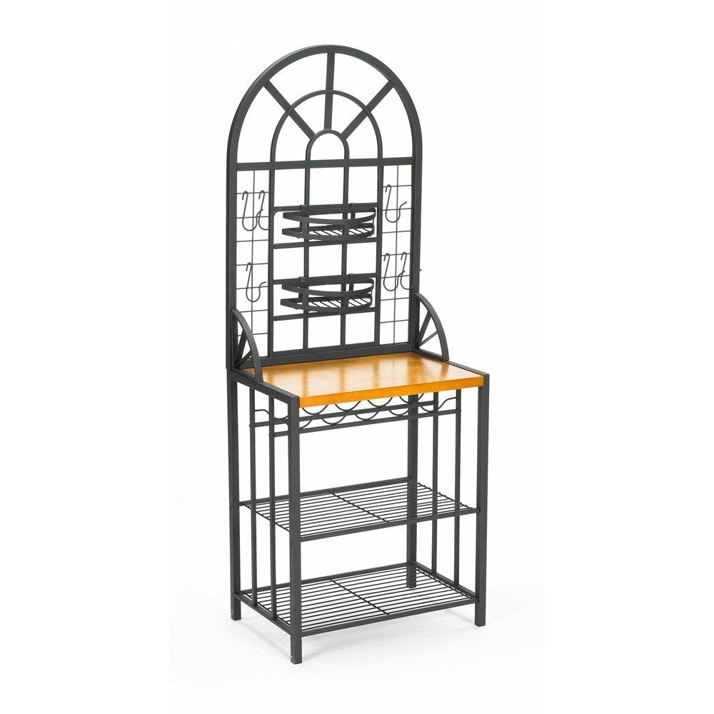 Black Steel Bakers Rack with Utility Hooks and Storage Shelving