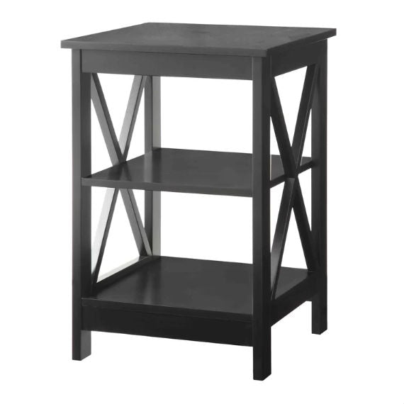 Black Wood X-Design End Table Nightstand with 3 Open Shelves