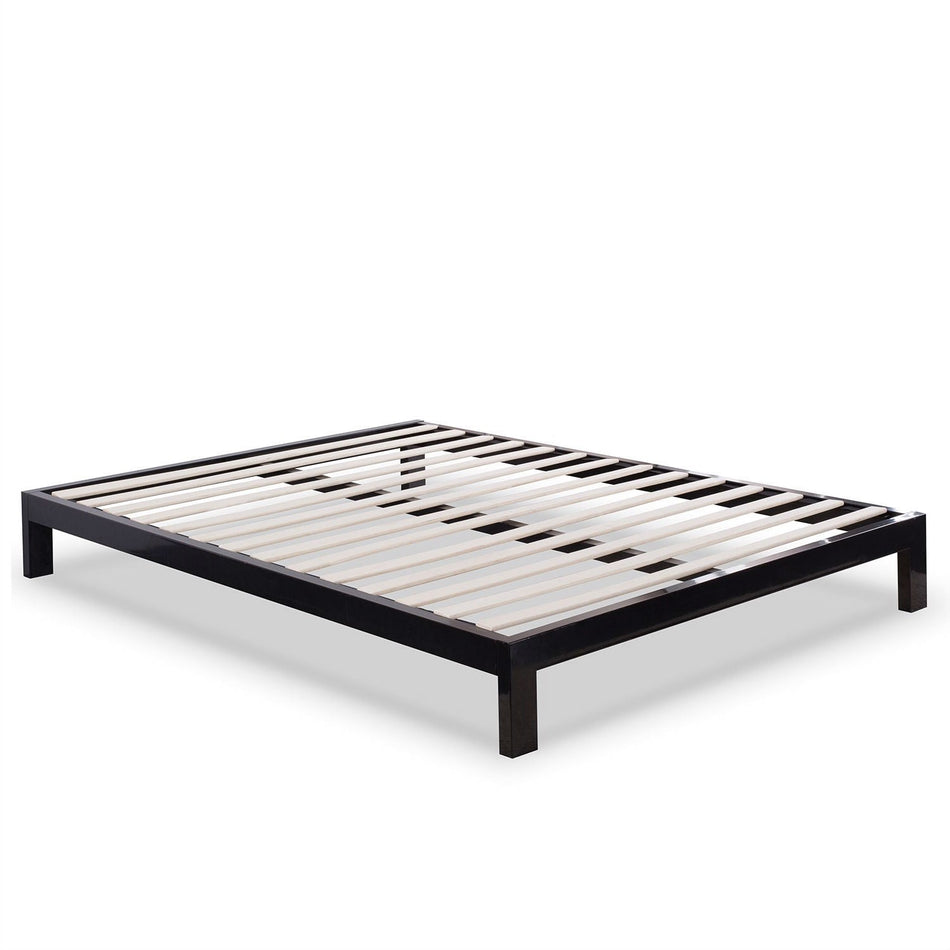 Queen Modern Black Metal Platform Bed Frame with Wooden Slats