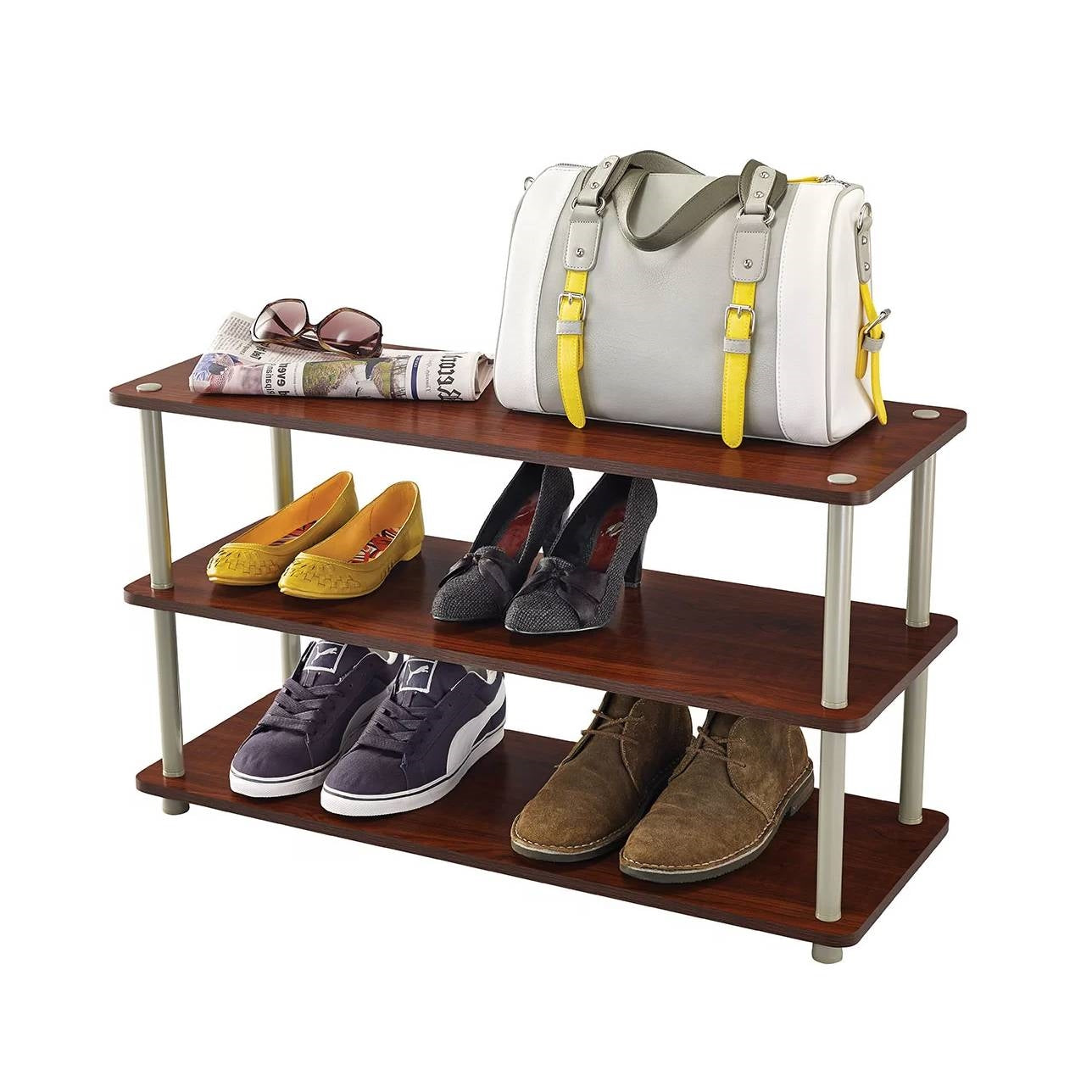 Dark Cherry 3-Shelf Modern Shoe Rack - Holds up to 12 Pair of Shoes
