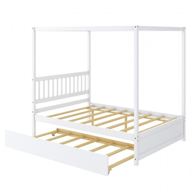 White Full Size Canopy Platform Bed with Twin Roller Trundle Bed